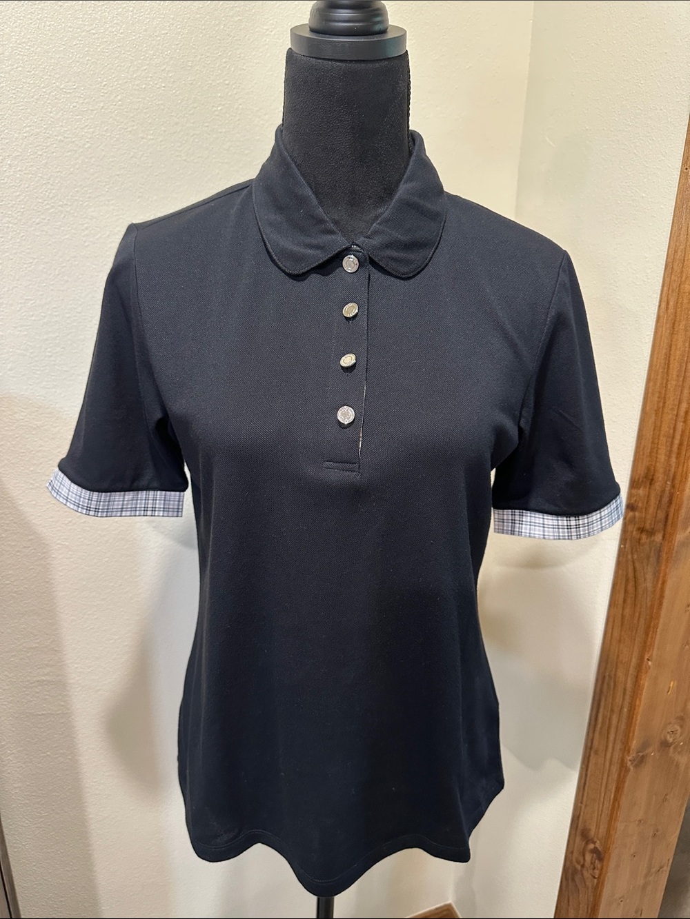 Izod Black Short-Sleeve Polo Top with Plaid Trim